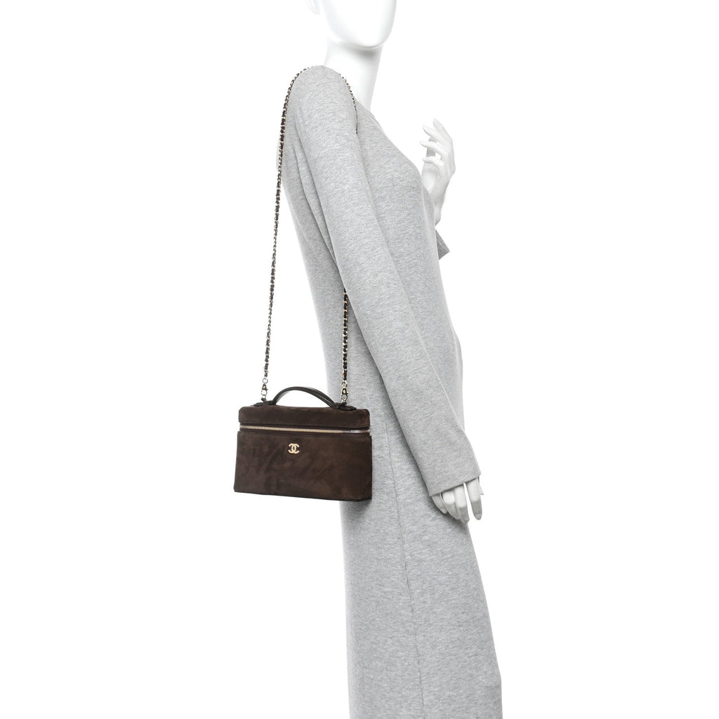 Suede Calfskin Large Top Handle Slim Vanity With Chain Dark Brown