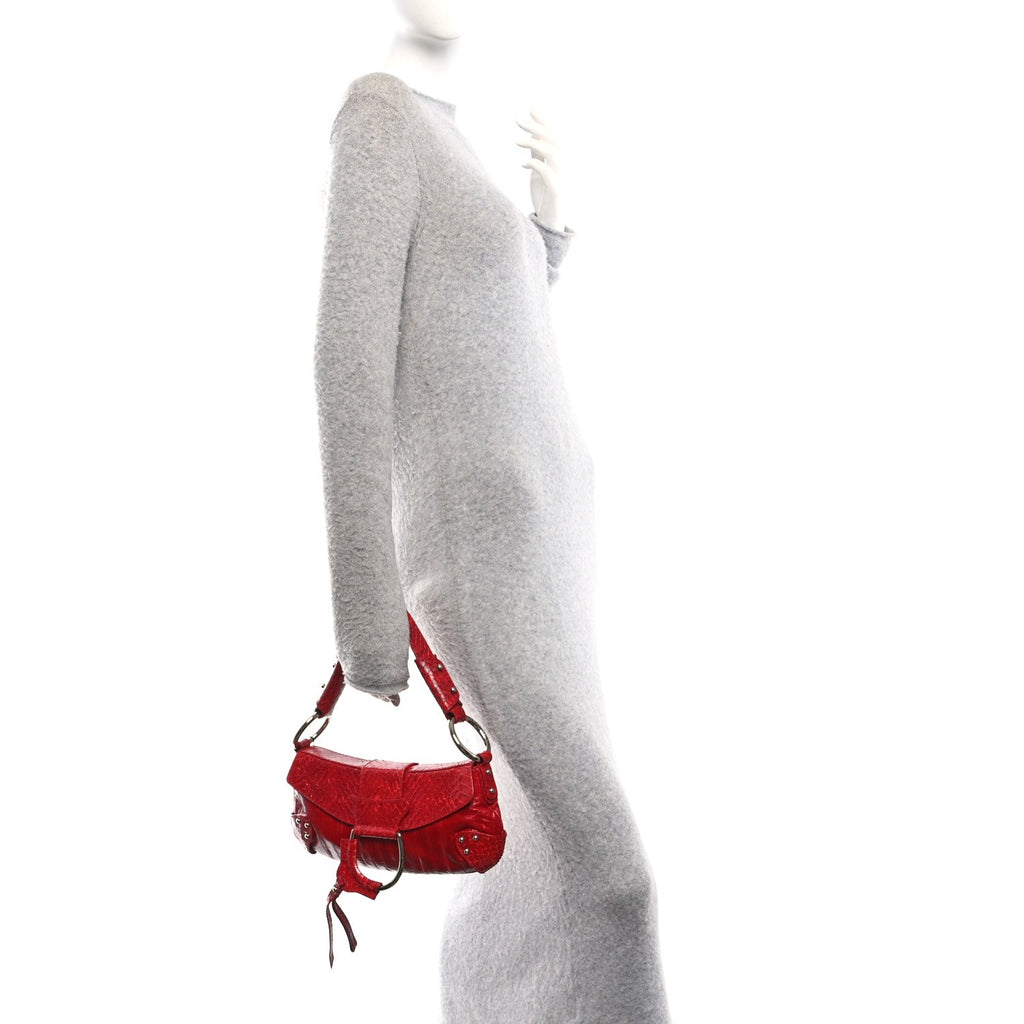 Snakeskin Eel O-Ring Baguette Shoulder Bag Red