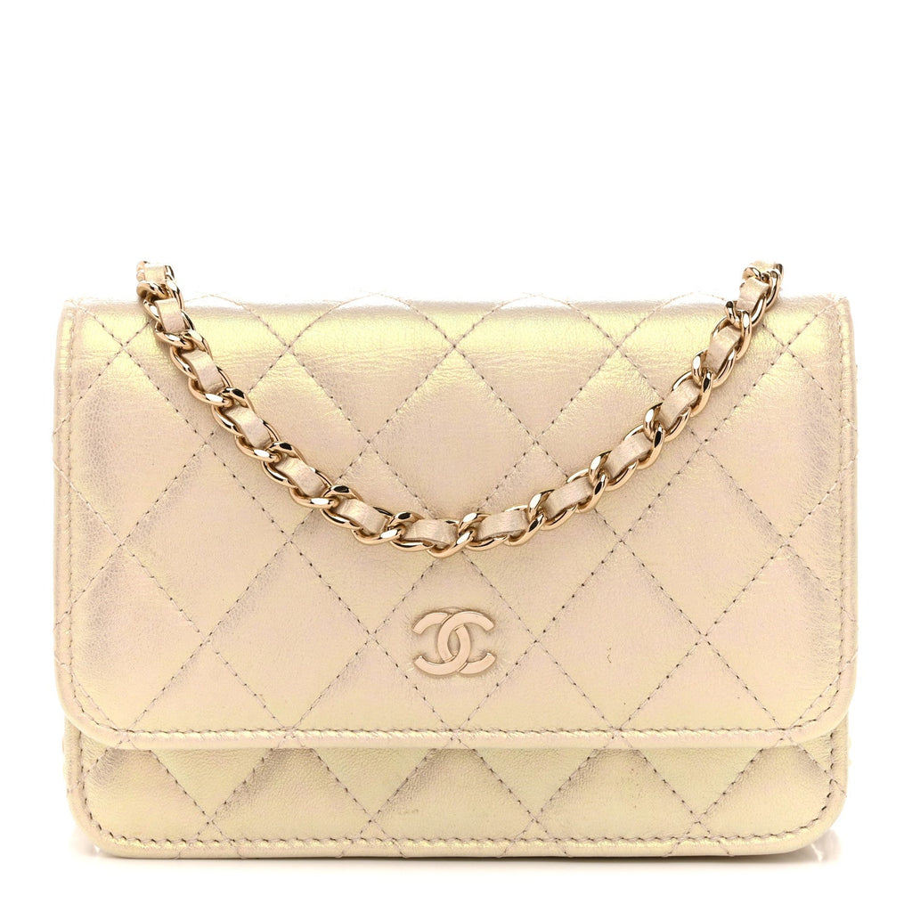 Iridescent Lambskin Quilted Mini Wallet On Chain WOC Ivory