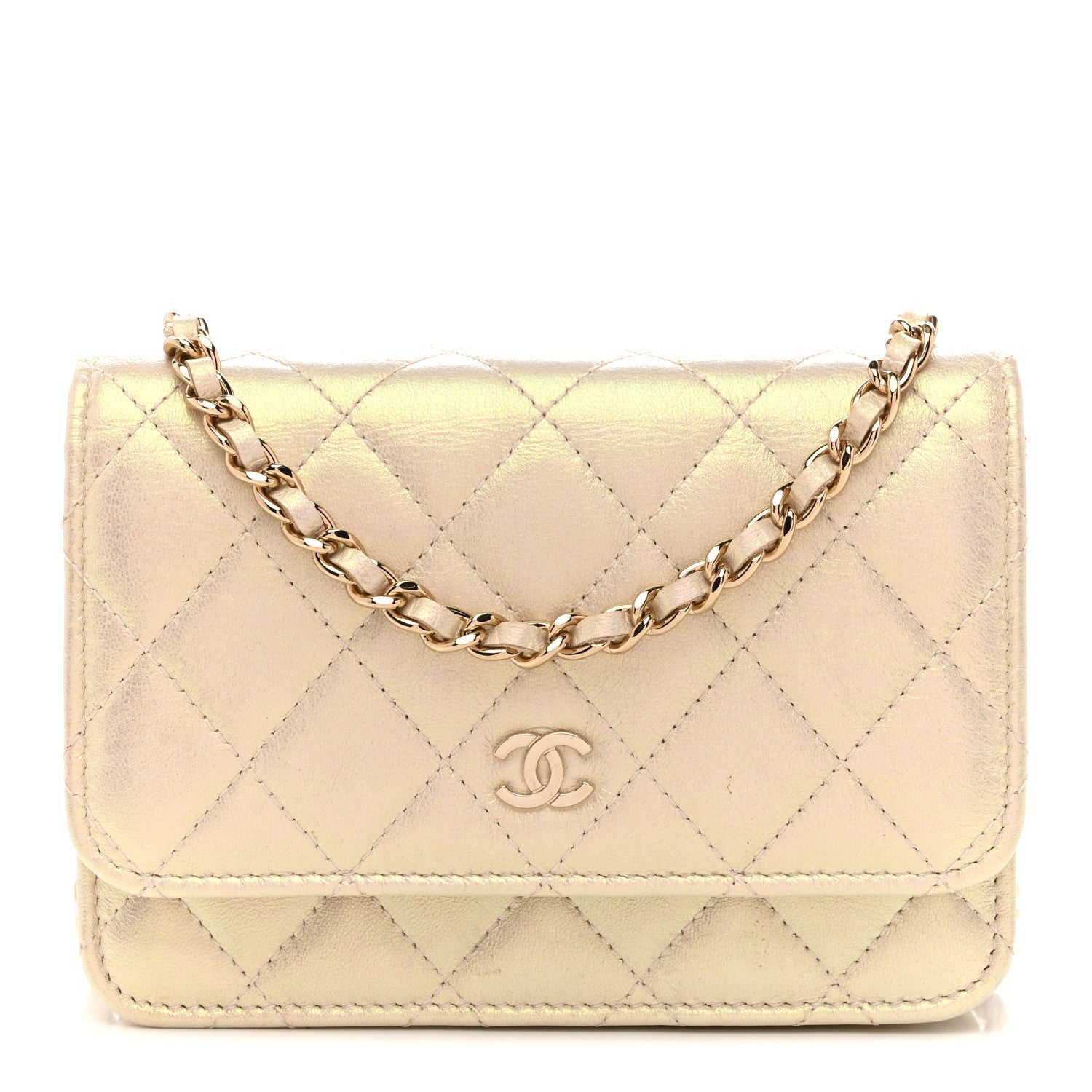 Iridescent Lambskin Quilted Mini Wallet On Chain WOC Ivory