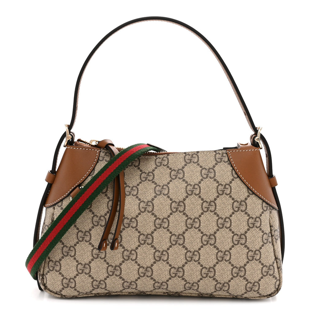 GG Supreme Monogram Textured Calfskin Small Emblem Shoulder Bag Beige Dark Brown