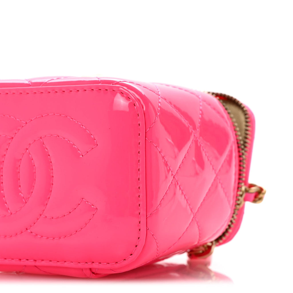 Patent Quilted Pearl Crush Mini Vanity Case With Chain Neon Pink