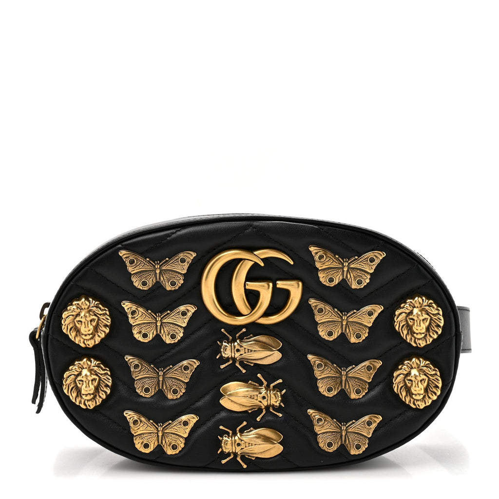 Calfskin Matelasse Animal Studs GG Marmont Belt Bag 85 34 Black