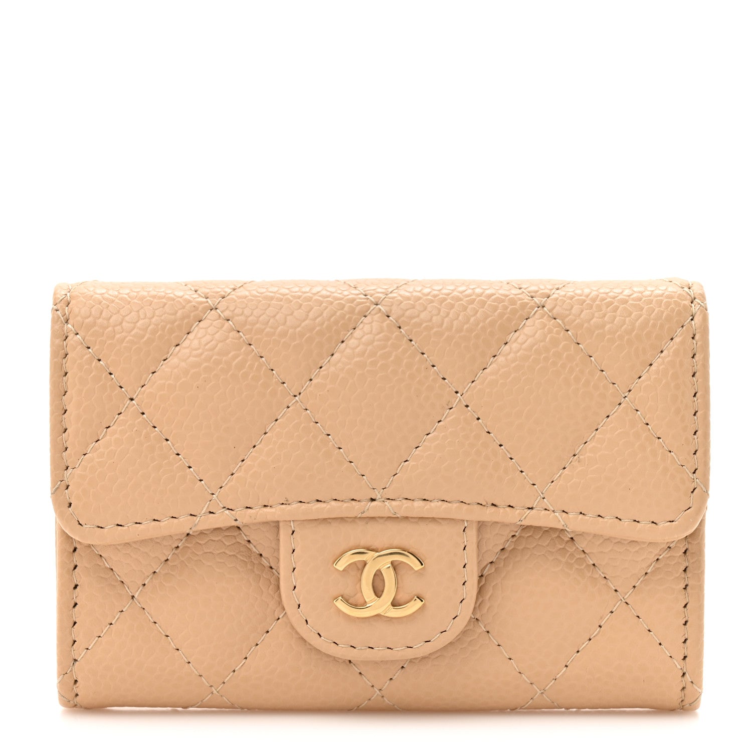 Caviar Quilted Flap Card Holder Wallet Beige