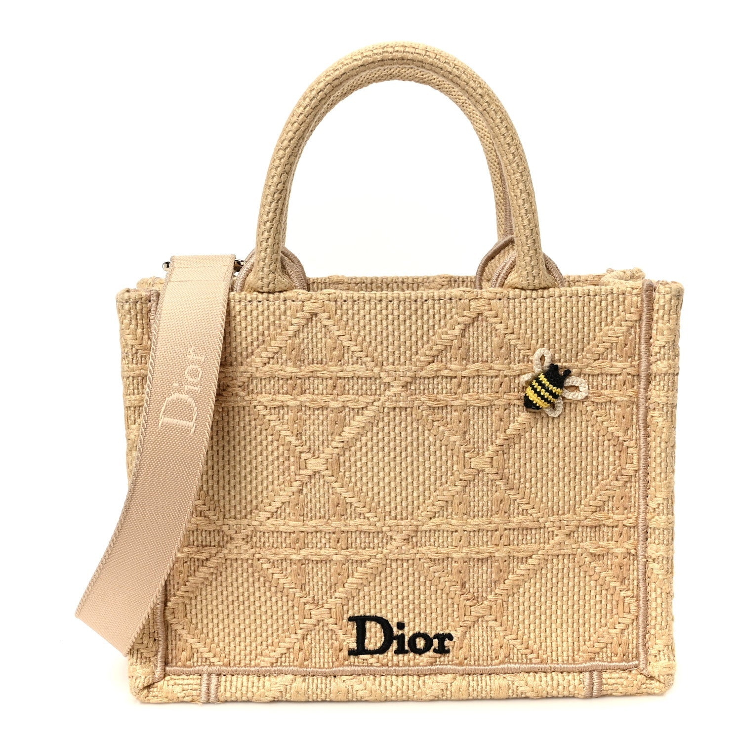 Raffia Cannage Crocheted Bee Mini Book Tote with Strap Natural