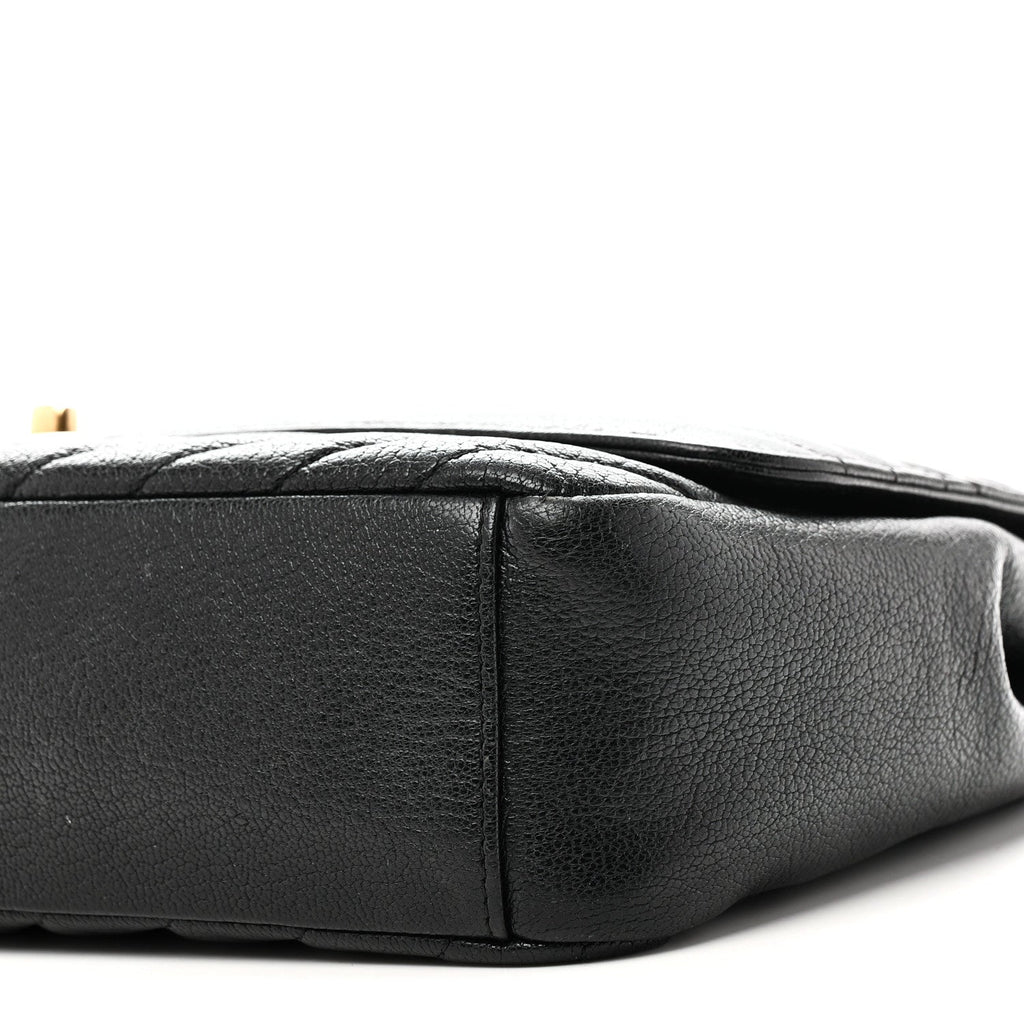 Shiny Goatskin Diagonal Quilted Large Flap Black