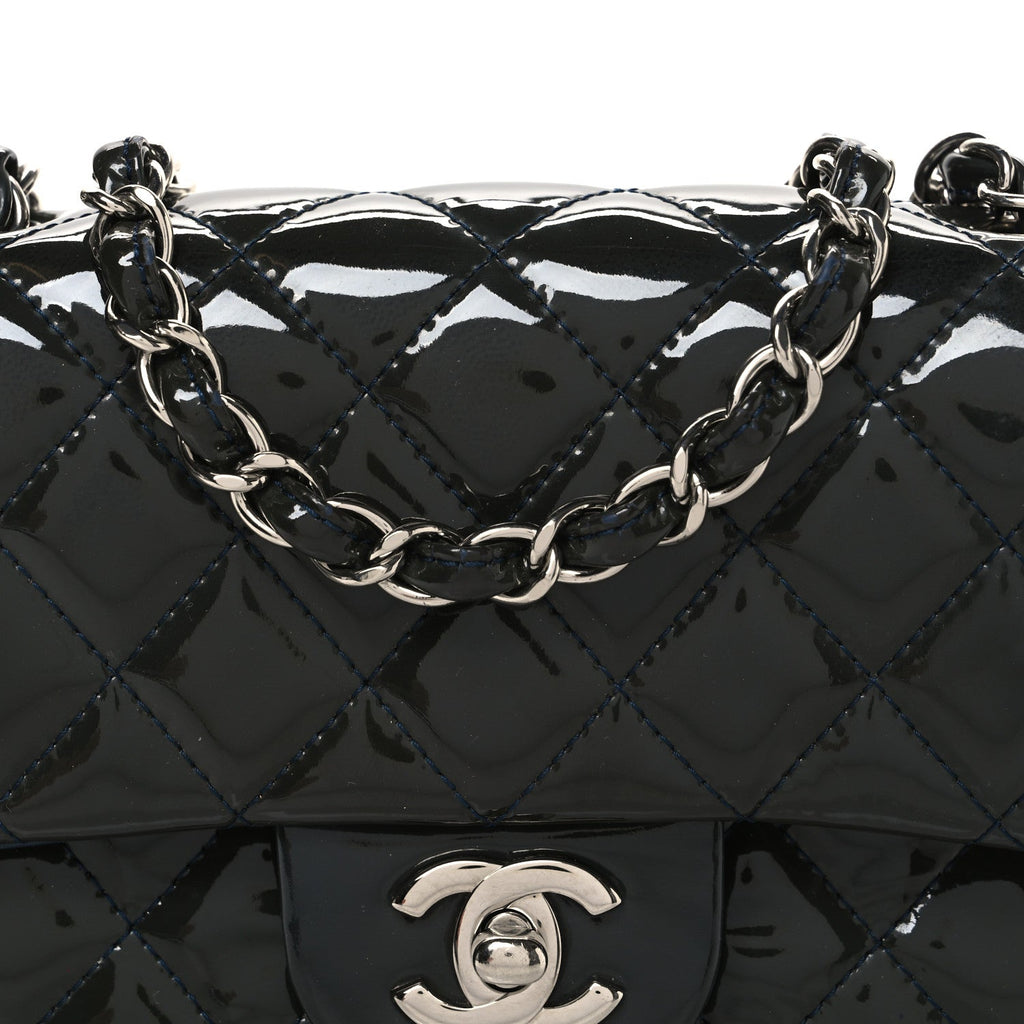 Patent Calfskin Quilted Mini Rectangular Flap Navy Blue