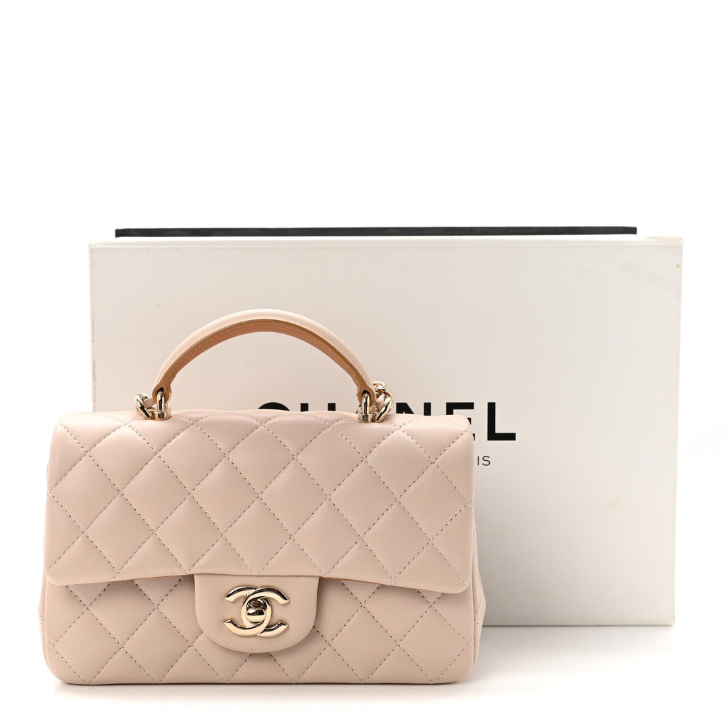 Lambskin Quilted Bi-Color Mini Top Handle Rectangular Flap Ecru Dark Beige