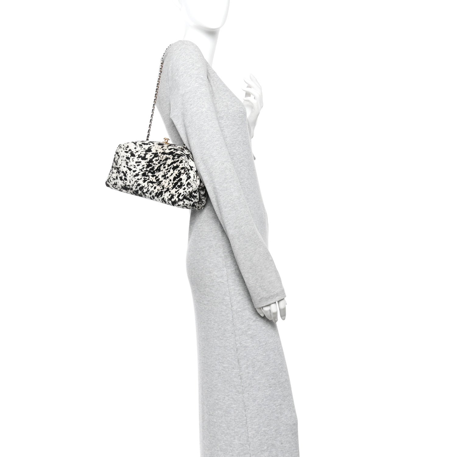 Lambskin Pony Hair Printed Clutch With Chain Black White