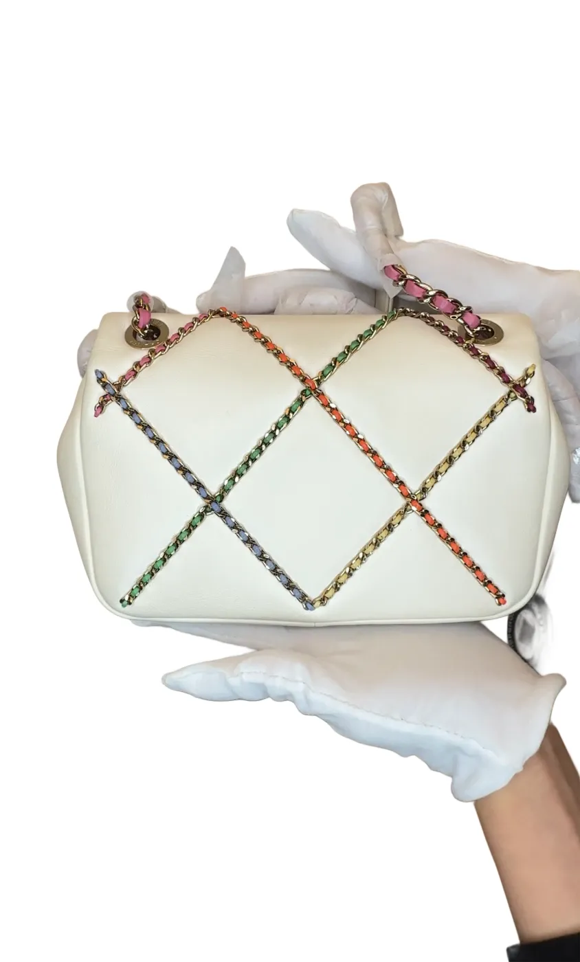 CHANEL Lambskin Small Entwined Chain Flap White Multicolor B22-46
