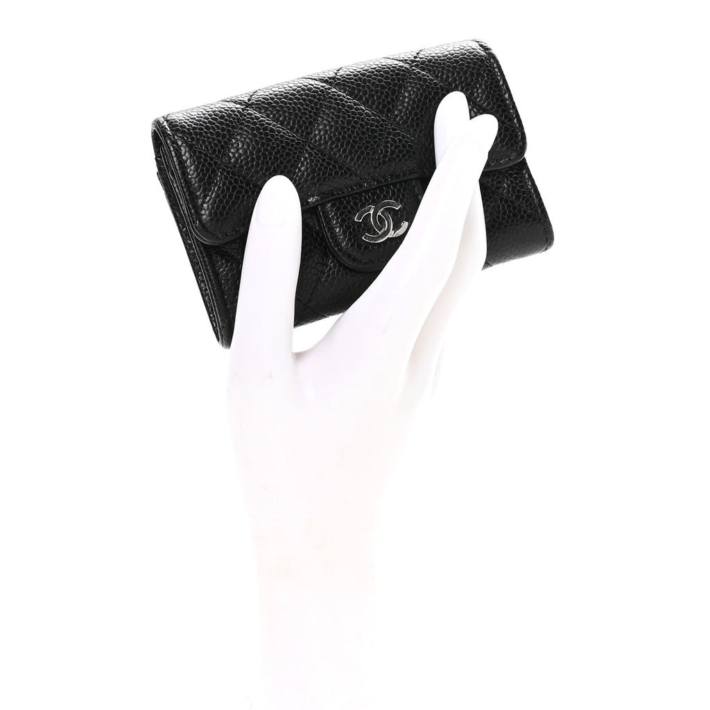 Caviar Quilted Flap Card Holder Wallet Black
