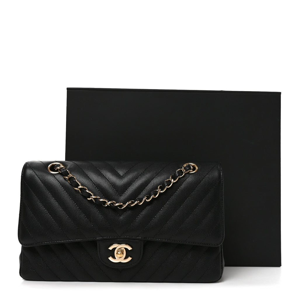 Caviar Chevron Quilted Medium Double Flap Black