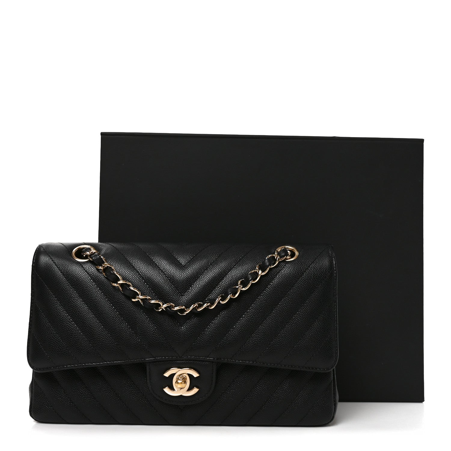Caviar Chevron Quilted Medium Double Flap Black
