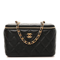 Lambskin Quilted Pearl Crush Small Vanity Case With Chain Black