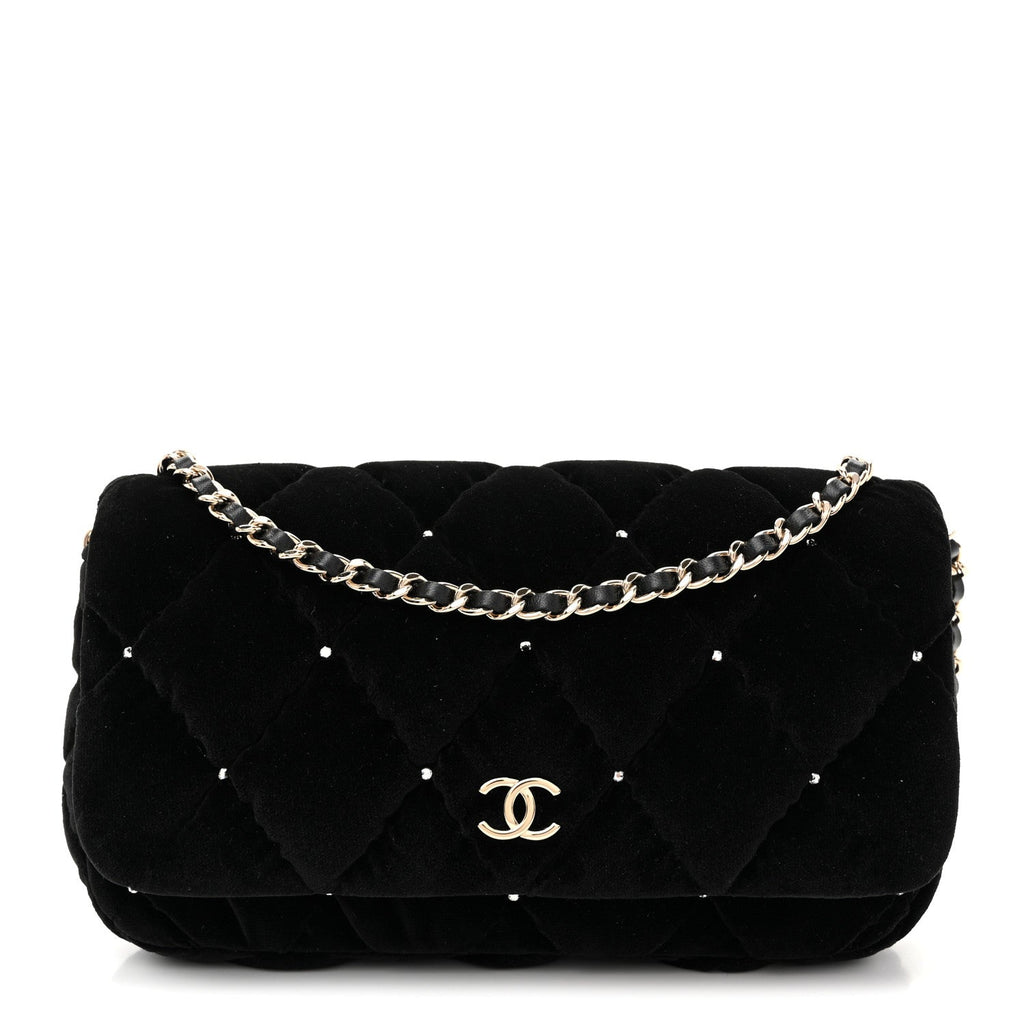 Velvet Diamanté Quilted Flap Clutch Black