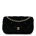Velvet Diamanté Quilted Flap Clutch Black