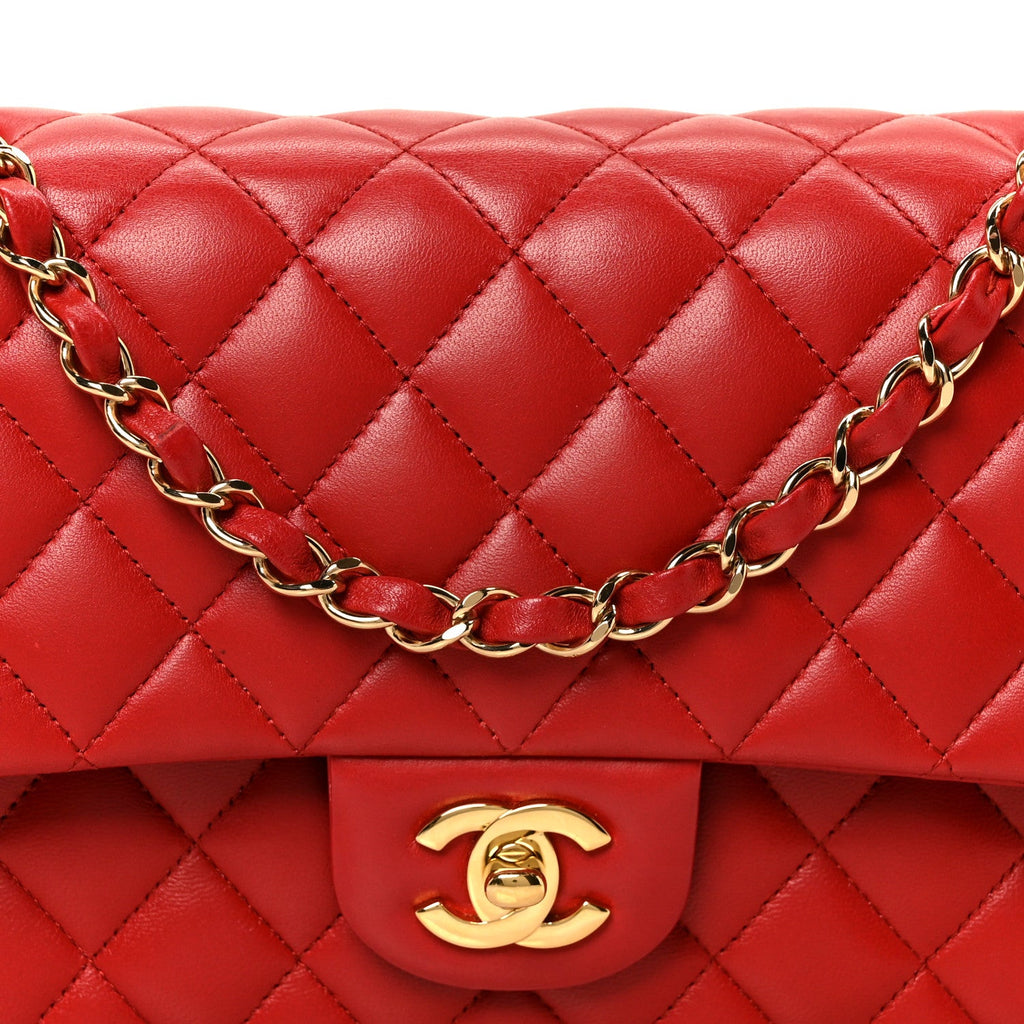 Lambskin Quilted Medium Double Flap Red