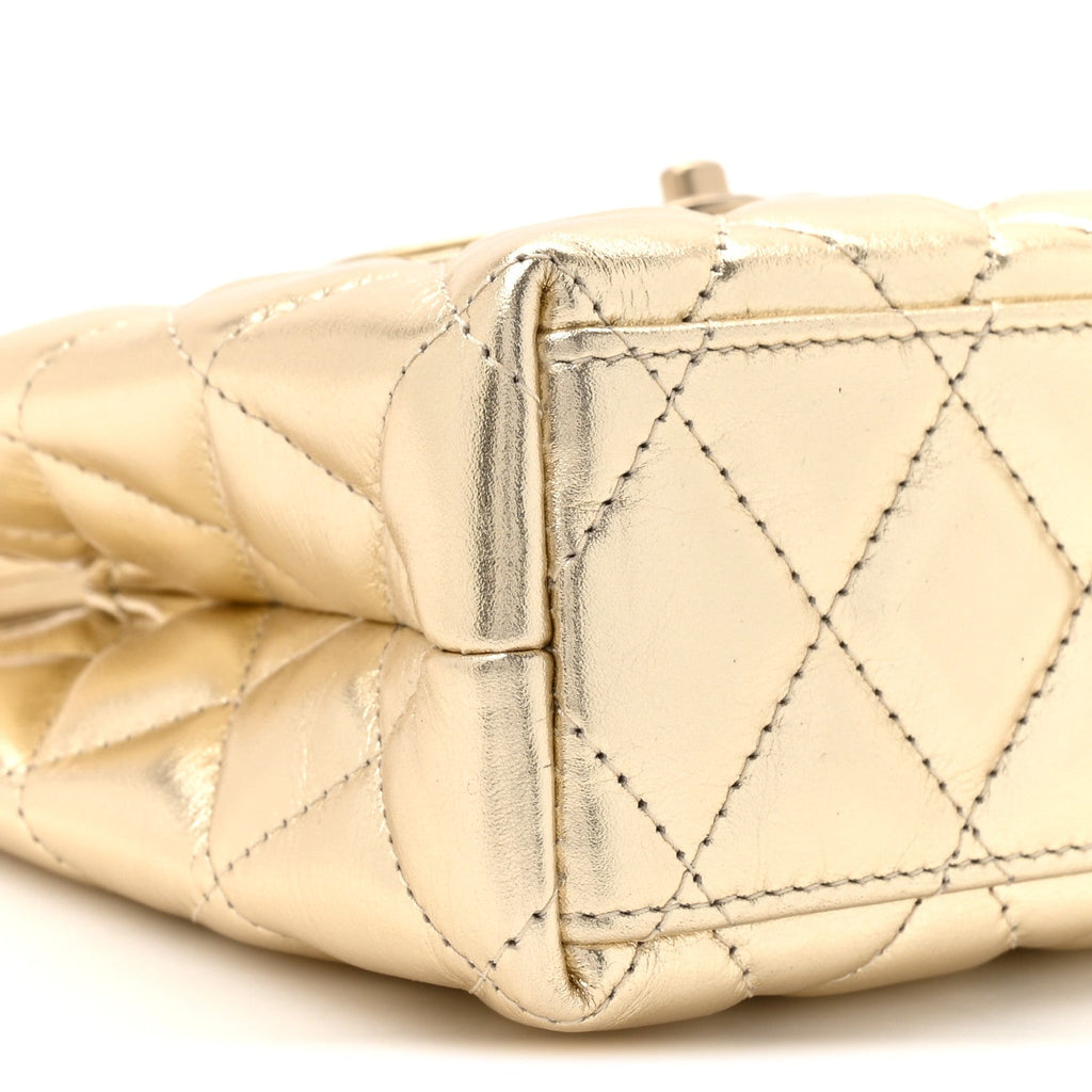 Metallic Shiny Aged Calfskin Quilted Nano Kelly Shopper Gold