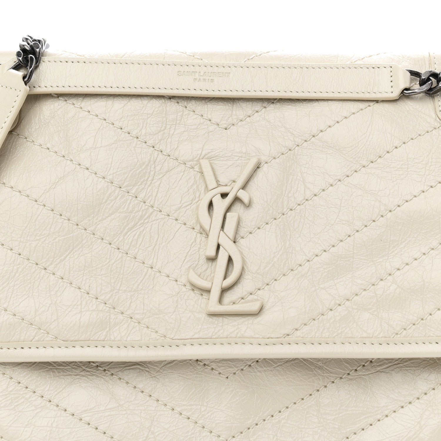 Crinkled Calfskin Matelasse Monogram Medium Niki Chain Satchel Crema Soft