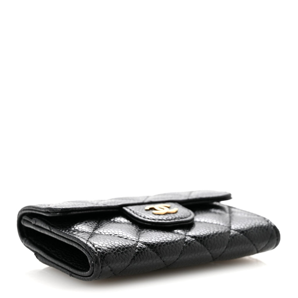 Caviar Quilted Flap Card Holder Wallet Black