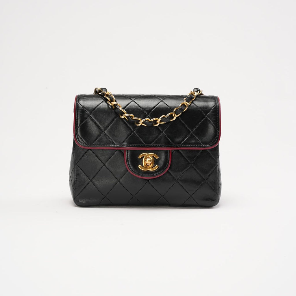 Chanel Vintage Mini Square Flap Bag Lamb Black Red 1991
