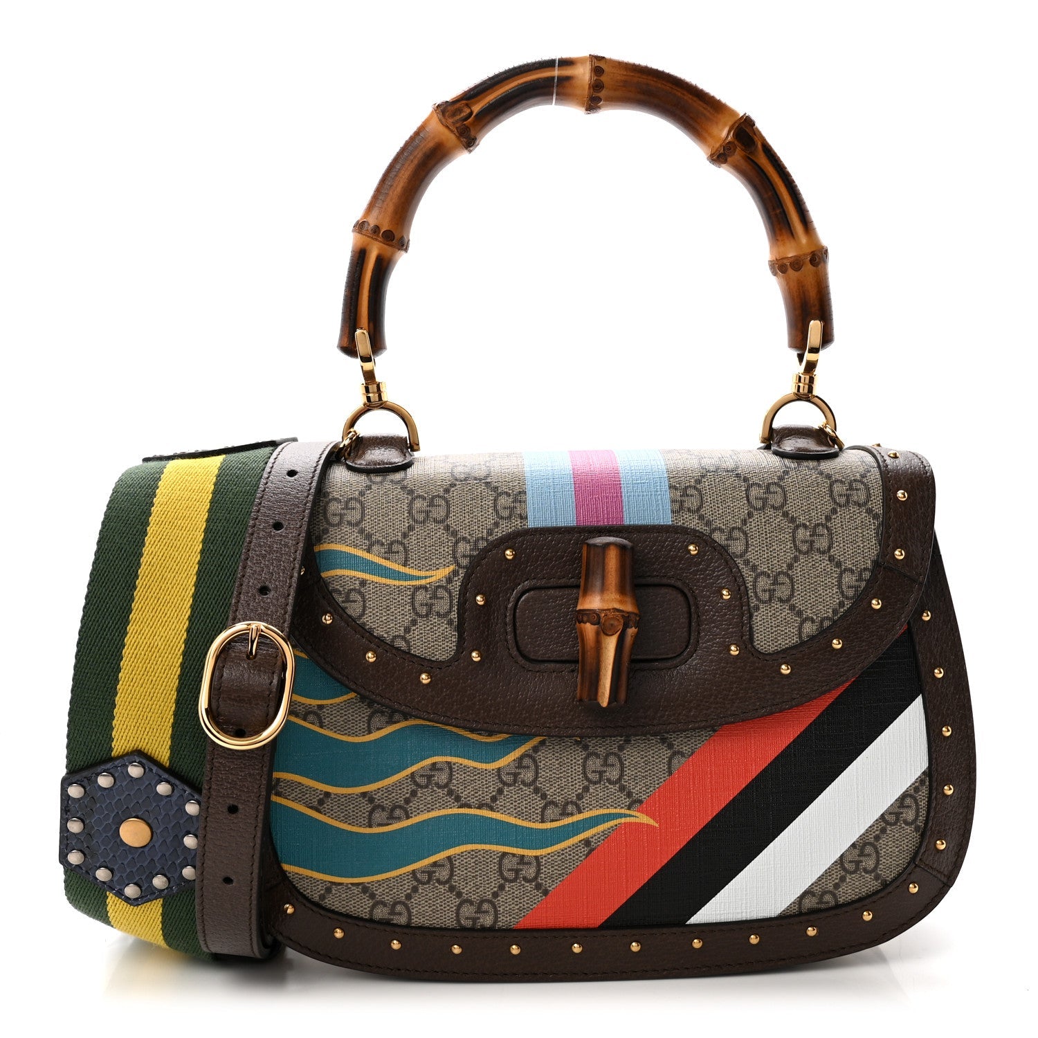 GG Supreme Monogram Studded Calfskin 100 Centennial Geometric Medium Bamboo 1947 Top Handle Bag Beige Ebony Multicolor