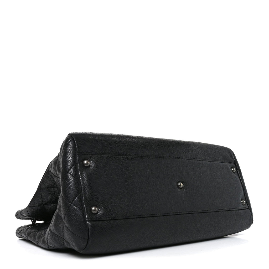 Metallic Grained Calfskin Woven Chain Large Shopping Bag Black