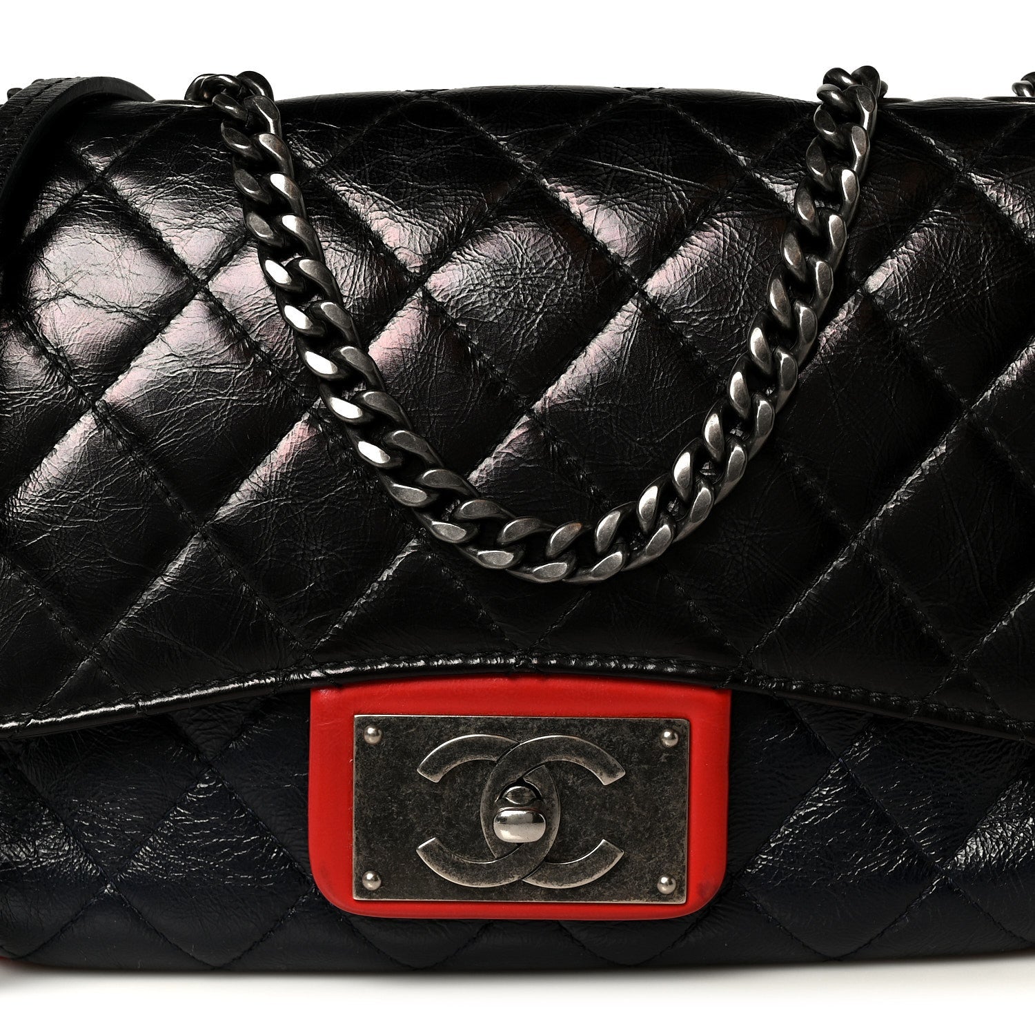 Shiny Goatskin Quilted Tri-Color Flap Black Red Navy
