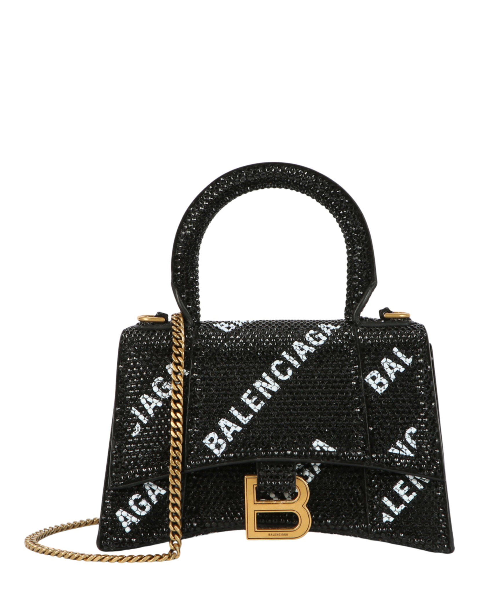 Balenciaga Womens Hourglass Xs Top Handle Bag With Allover Logo Strass