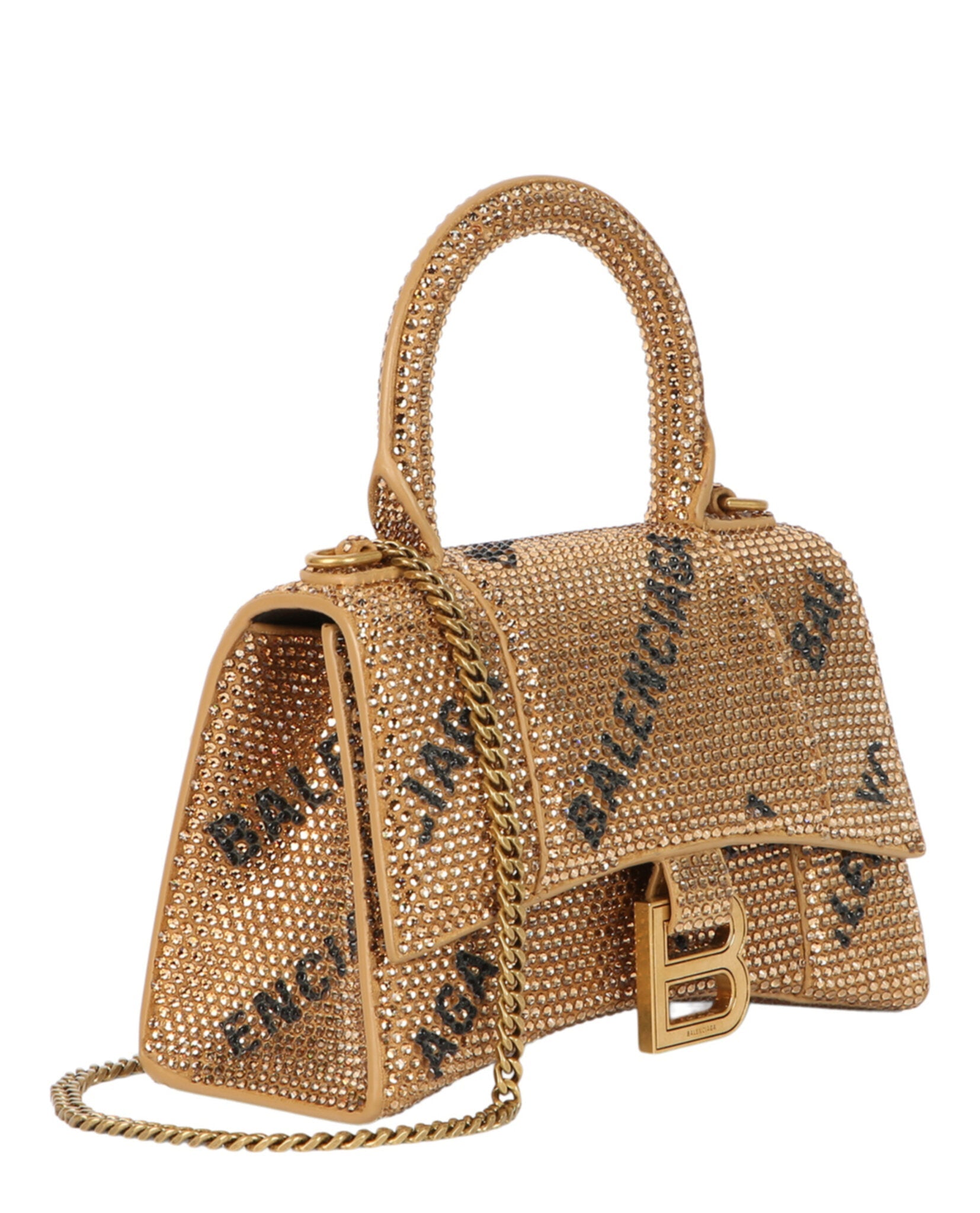 Balenciaga Womens Hourglass Xs Top Handle Bag With Allover Logo Strass