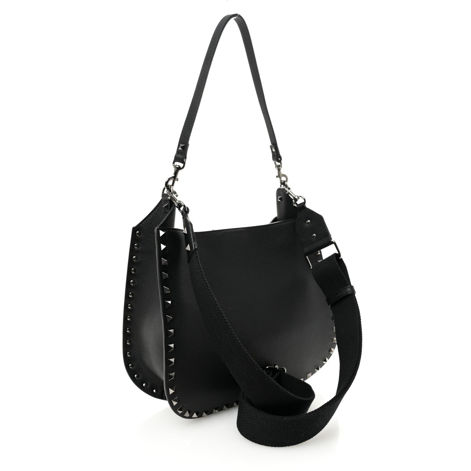 Grained Calfskin Rockstud Hobo Shoulder Bag Black