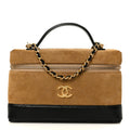 Suede Calfskin Shiny Lambskin Stitched Top Handle Slim Vanity Case With Chain Beige Black