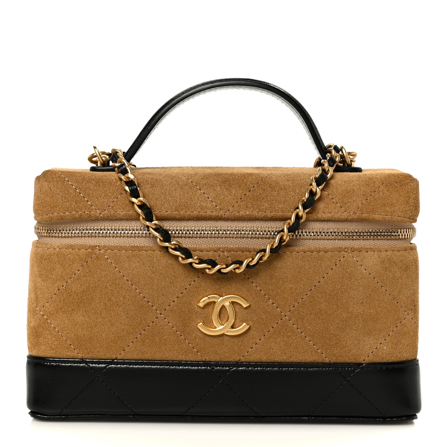 Suede Calfskin Shiny Lambskin Stitched Top Handle Slim Vanity Case With Chain Beige Black