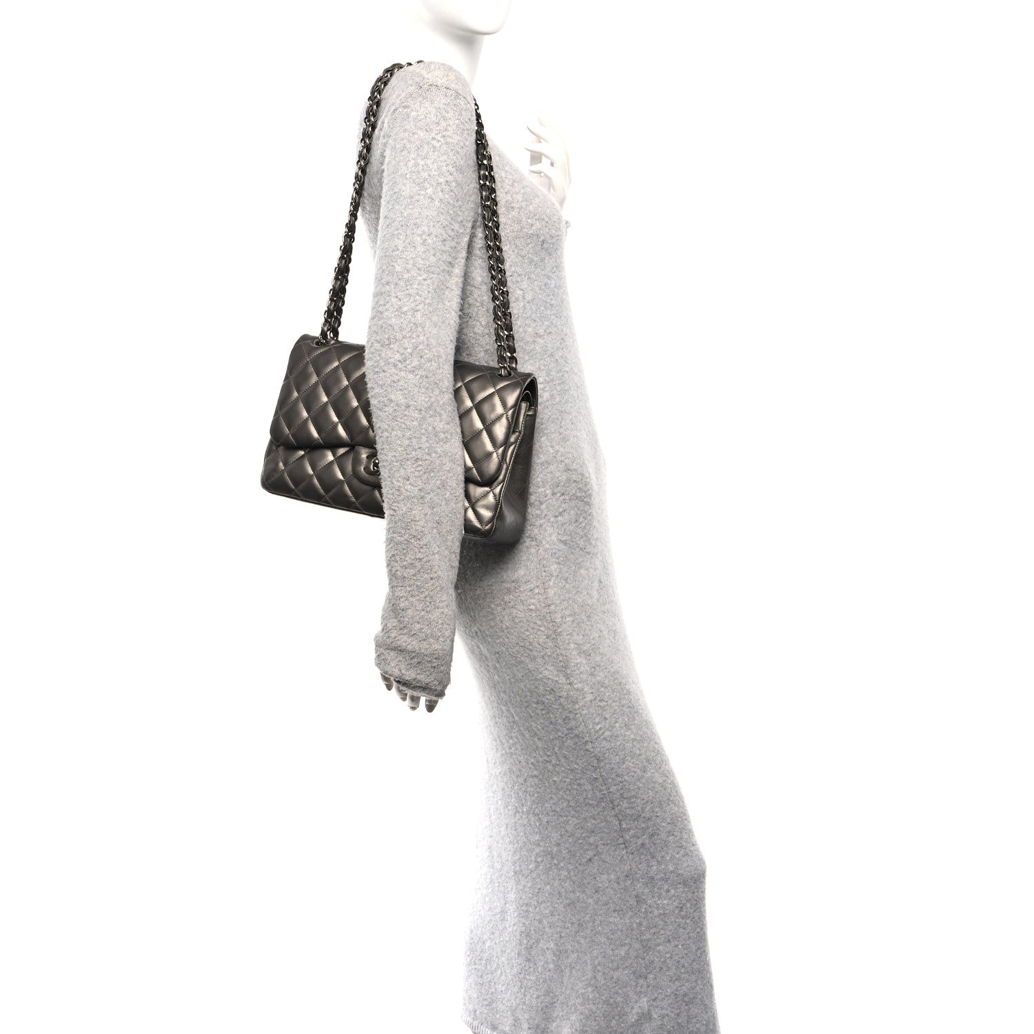 Metallic Lambskin Quilted Jumbo Double Flap Pewter