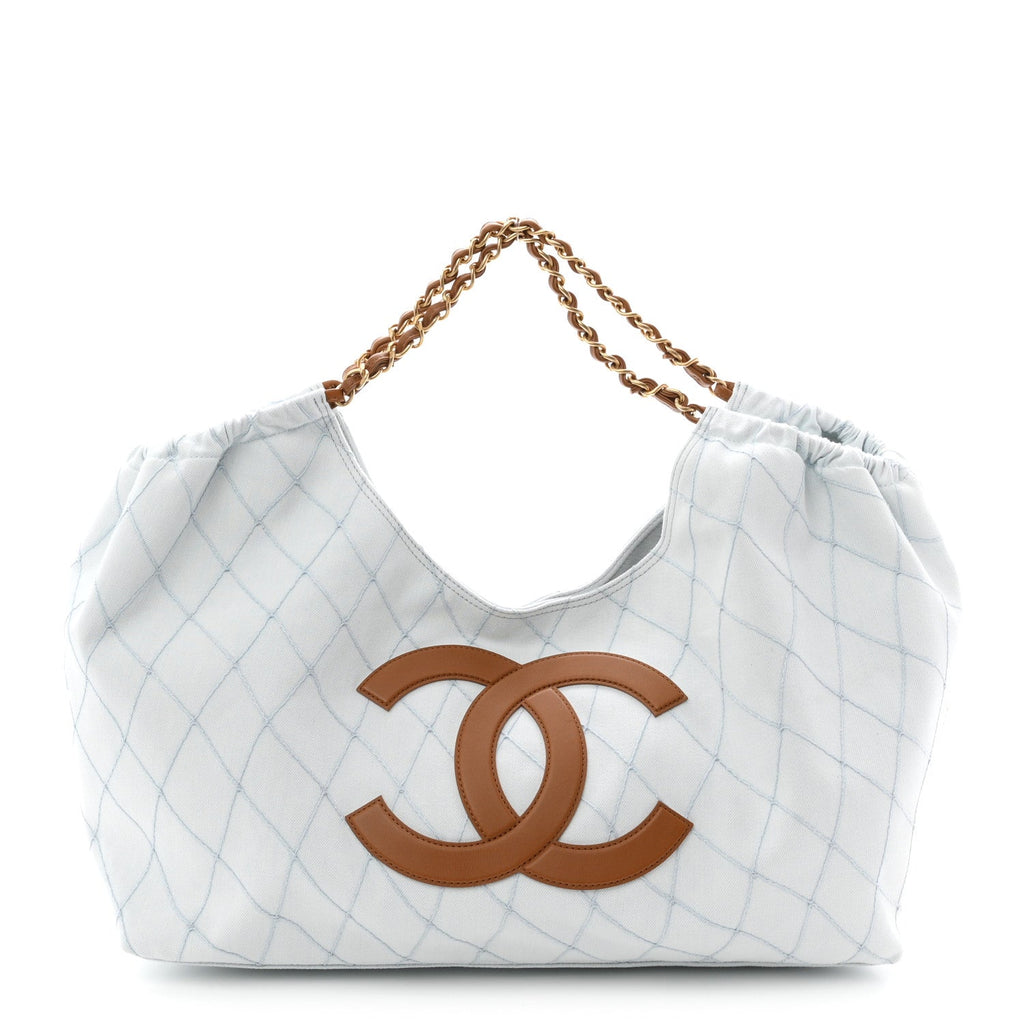 Denim Calfskin Quilted Coco Beach Small Shopping Tote Light Blue Brown