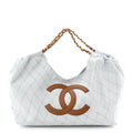 Denim Calfskin Quilted Coco Beach Small Shopping Tote Light Blue Brown