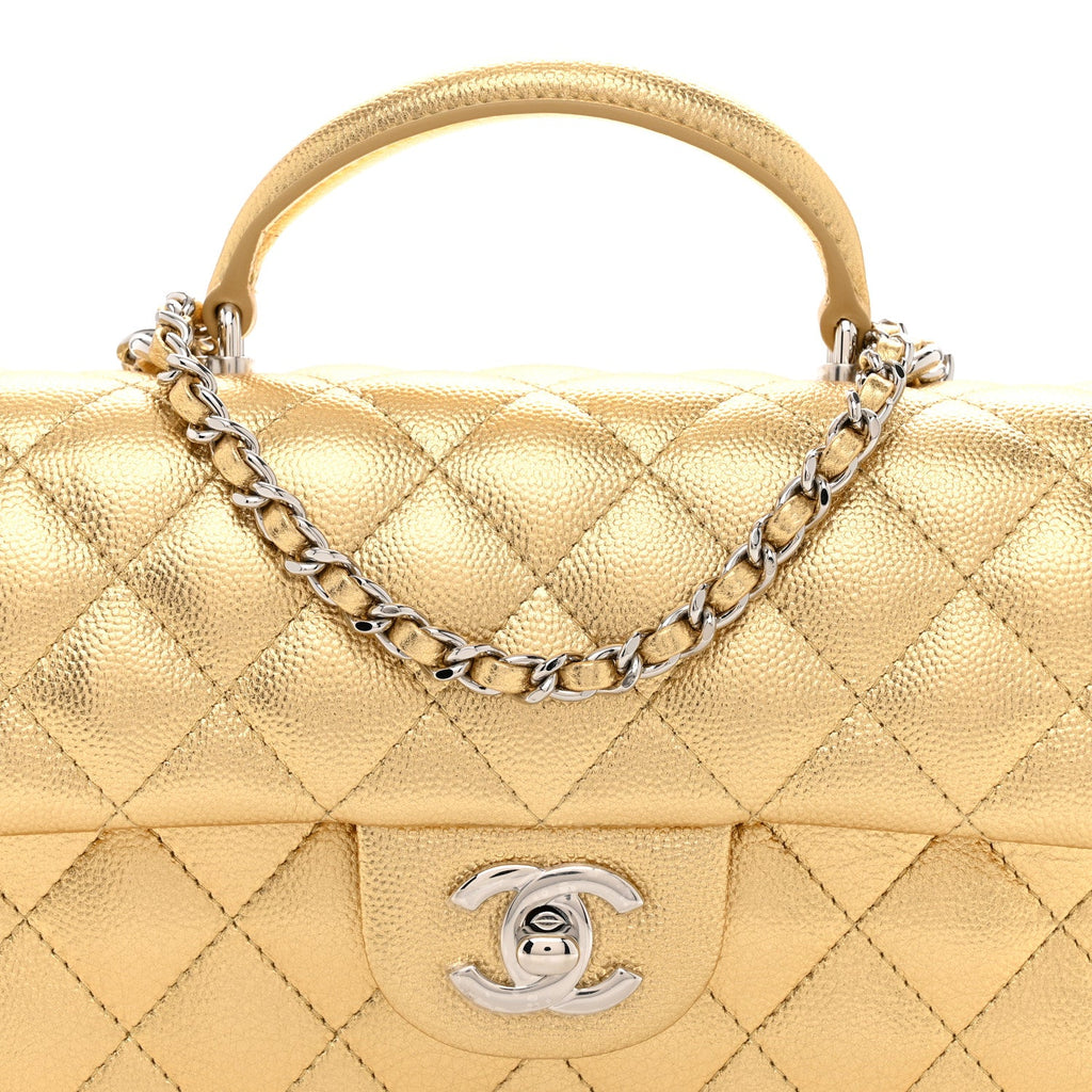 Metallic Caviar Quilted Top Handle East West Flap Gold
