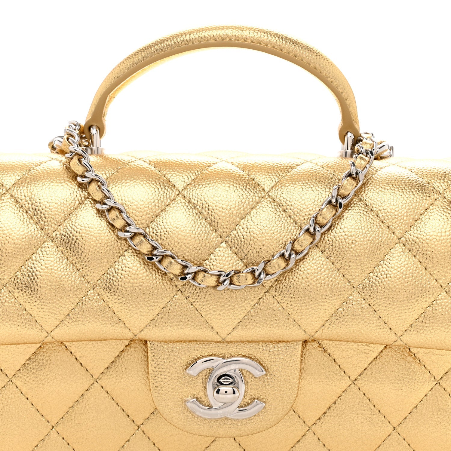 Metallic Caviar Quilted Top Handle East West Flap Gold