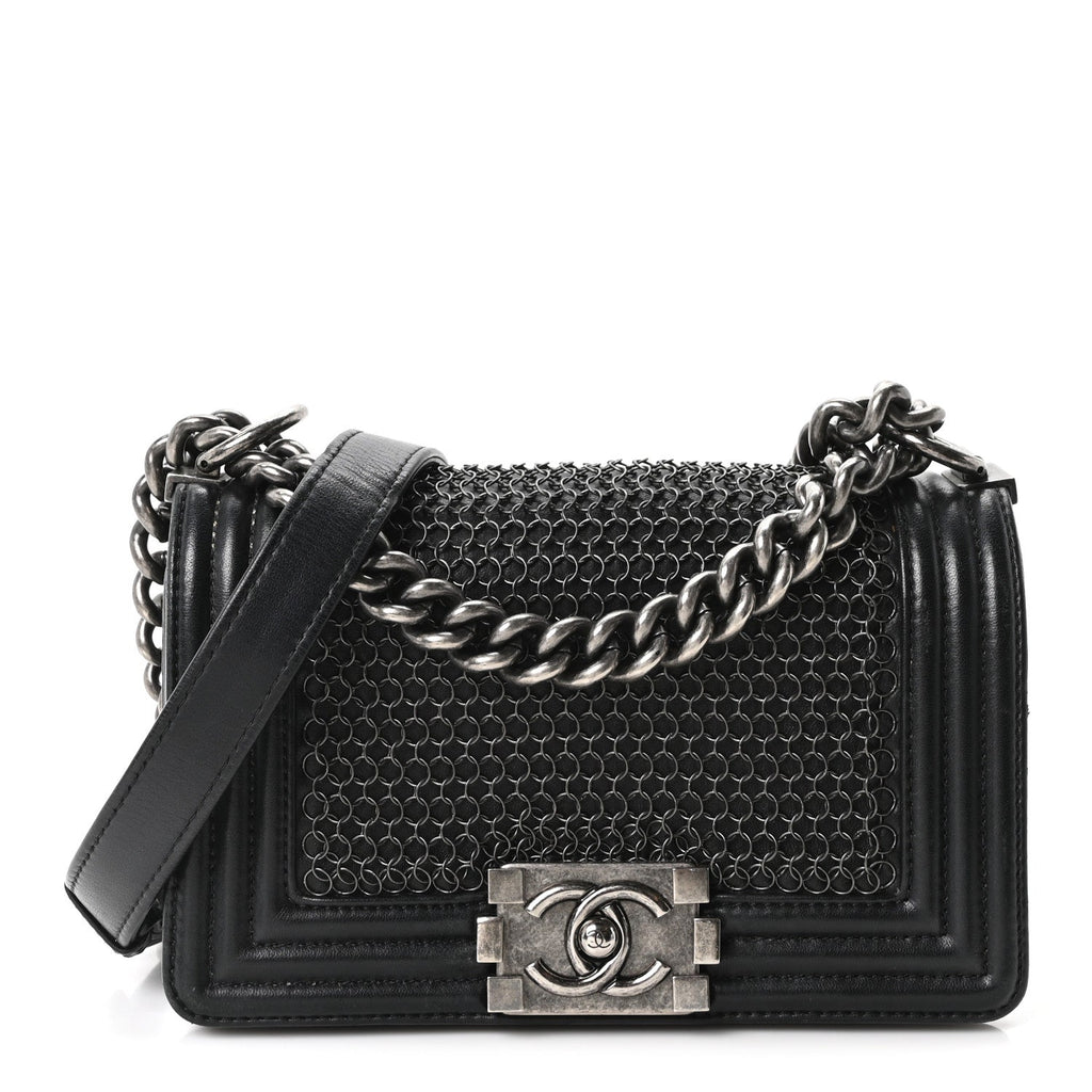 Lambskin Quilted Small Chain Mail Boy Flap Black