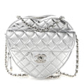 Metallic Lambskin Quilted Large CC In Love Heart Bag Silver