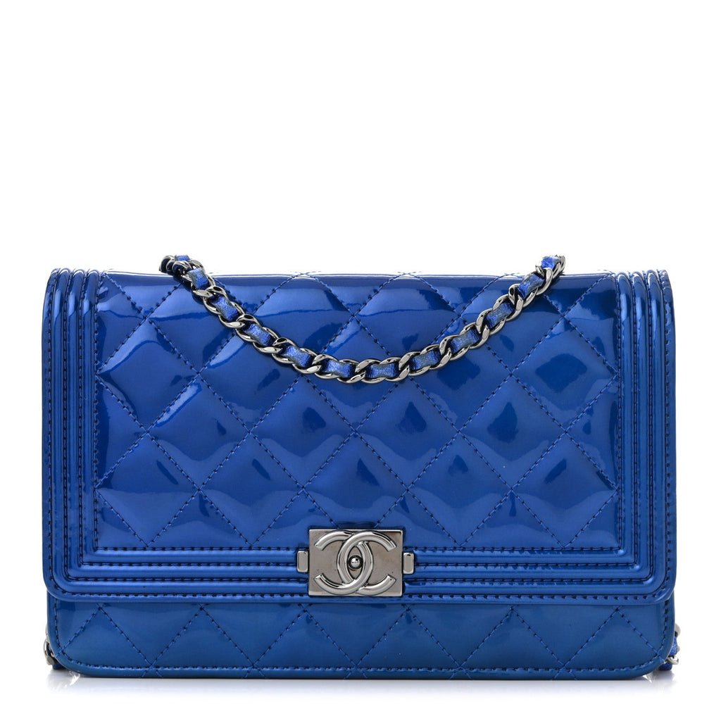 Metallic Patent Calfskin Quilted Boy Wallet on Chain WOC Blue
