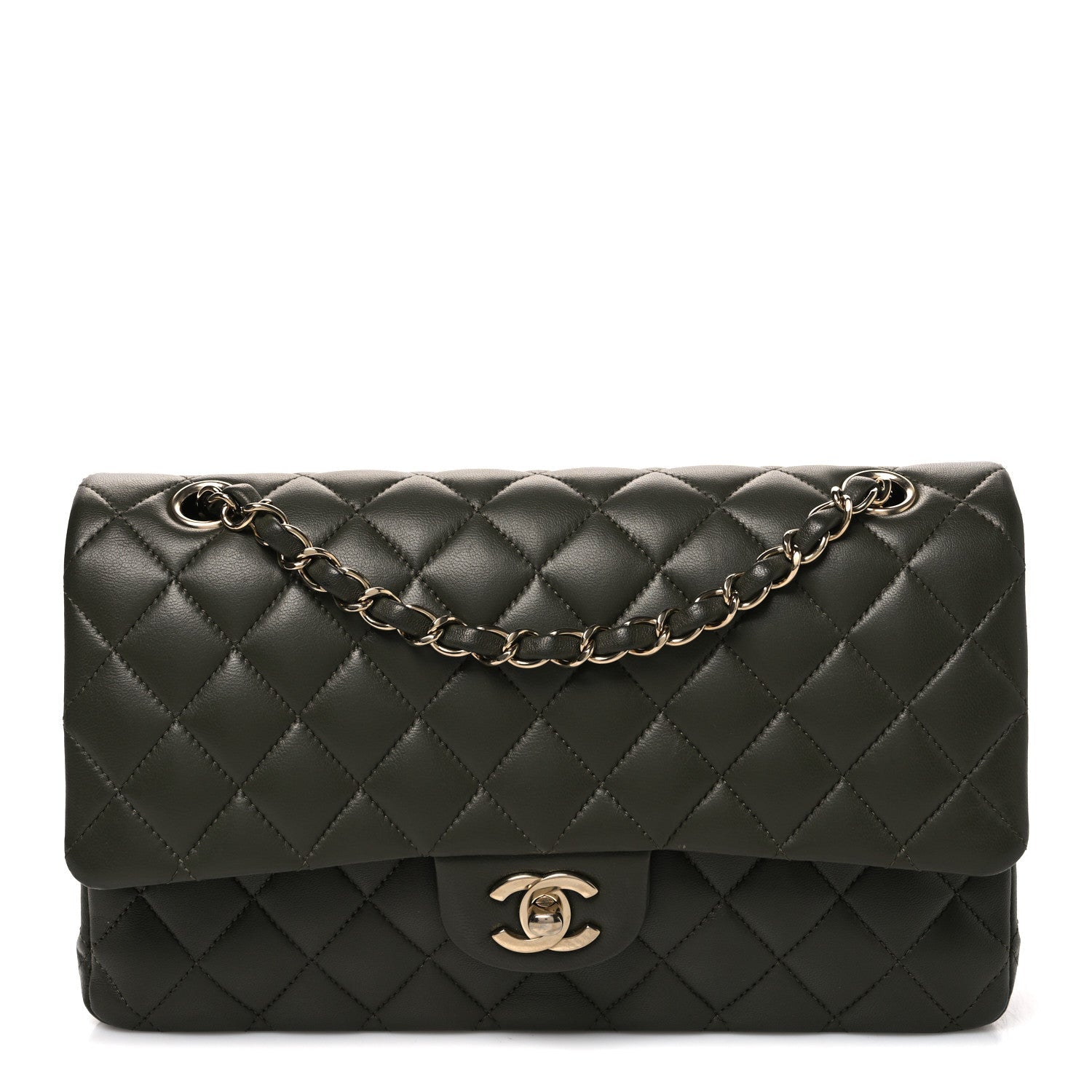 Lambskin Quilted Medium Double Flap Khaki