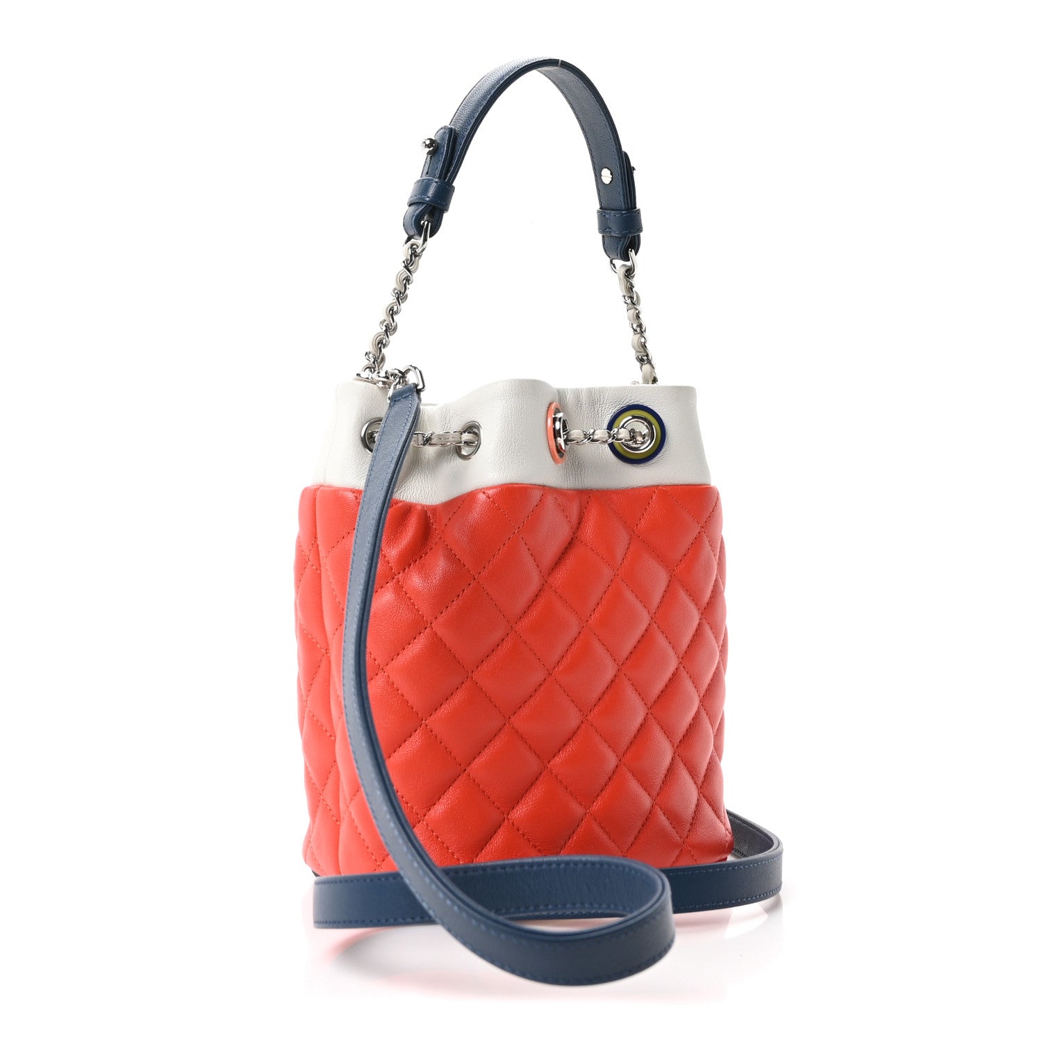 Lambskin Quilted Cuba Drawstring Tote Red White Blue