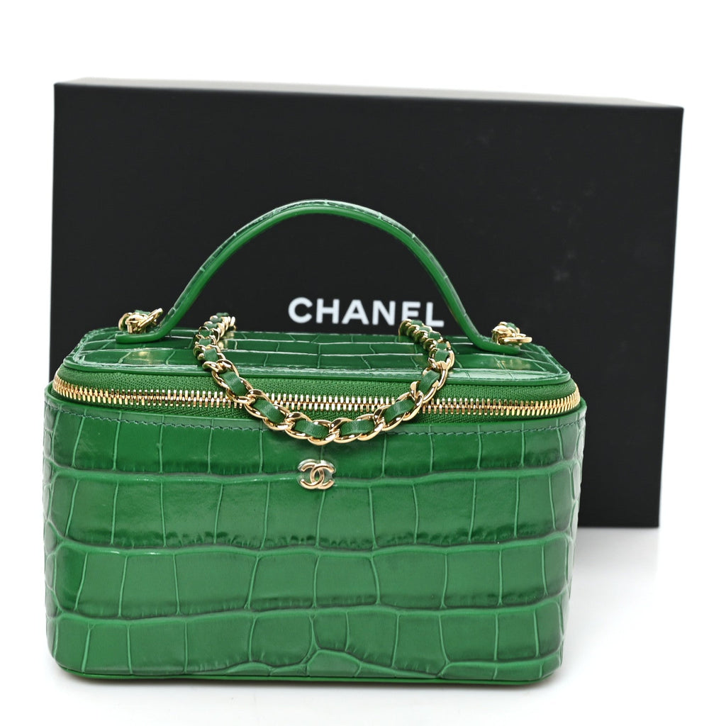 Calfskin Crocodile Embossed Exoticoco Small Top Handle Vanity Case With Chain Black Emerald