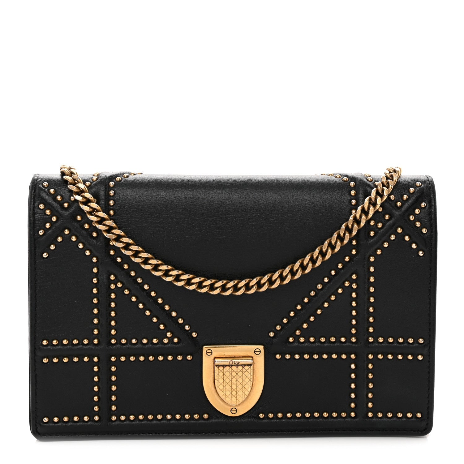 Calfskin Studded Diorama Wallet on Chain Pouch Black