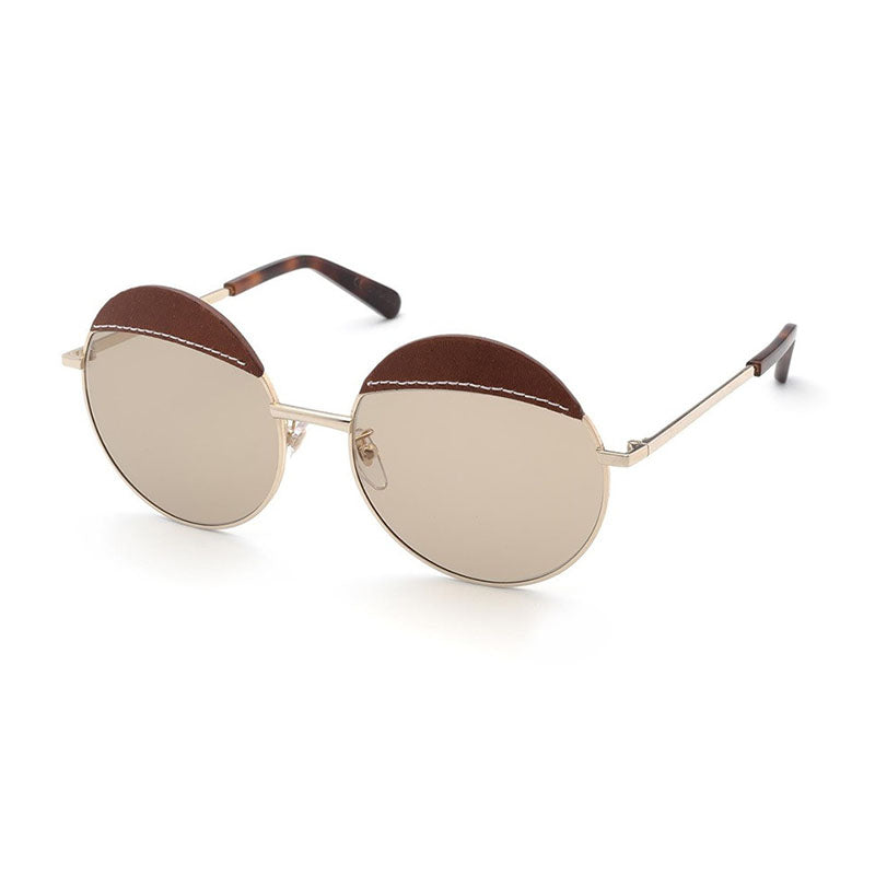 Loewe Sunglasses Round Full Rim, Gold Brown Leather Frame and Brown Lens LW40007U33N