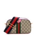 GG Supreme Monogram Textured Dollar Calfskin Web Ophidia Small Crossbody Bag Beige Ebony Fuchsia