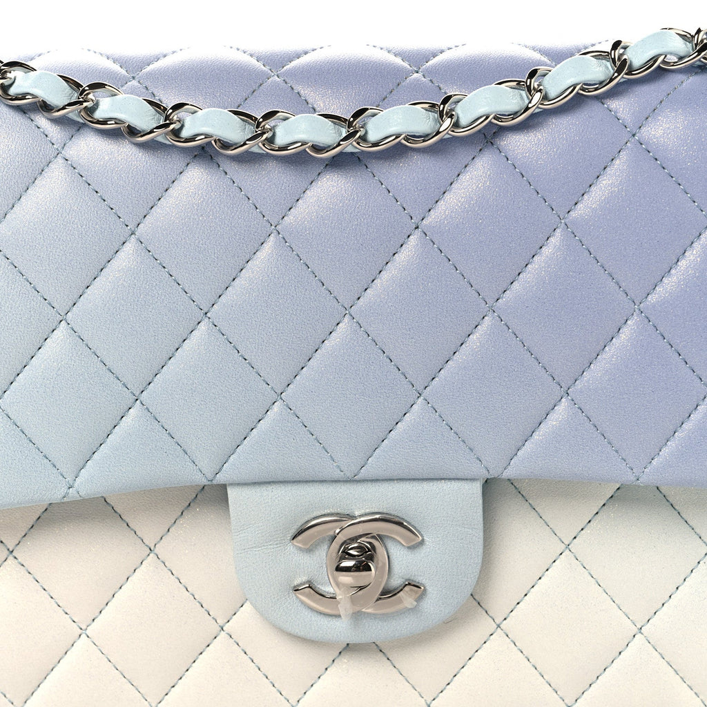 Perforated Lambskin Quilted Medium Double Flap Light Blue Light Purple White