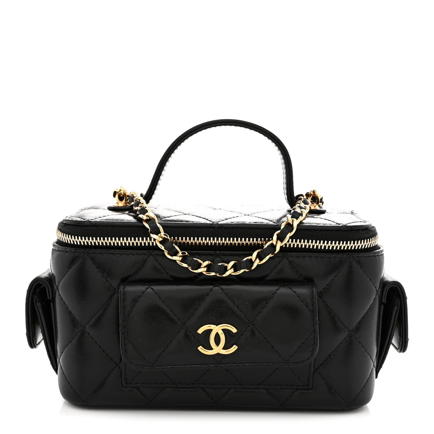 Lambskin Quilted Polly Pocket East West Top Vanity With Chain Black