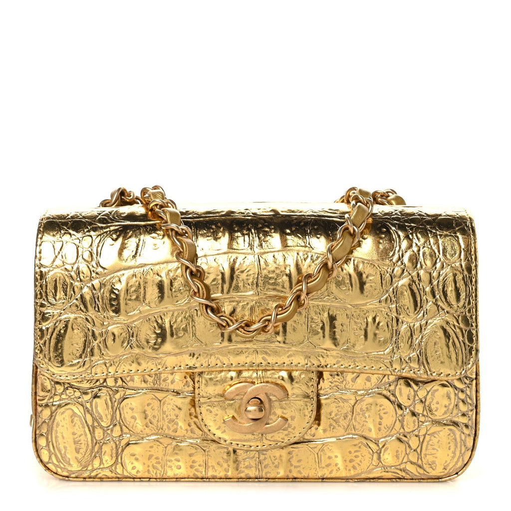 Metallic Calfskin Crocodile Embossed Cocodile Rectangular Mini Flap Gold
